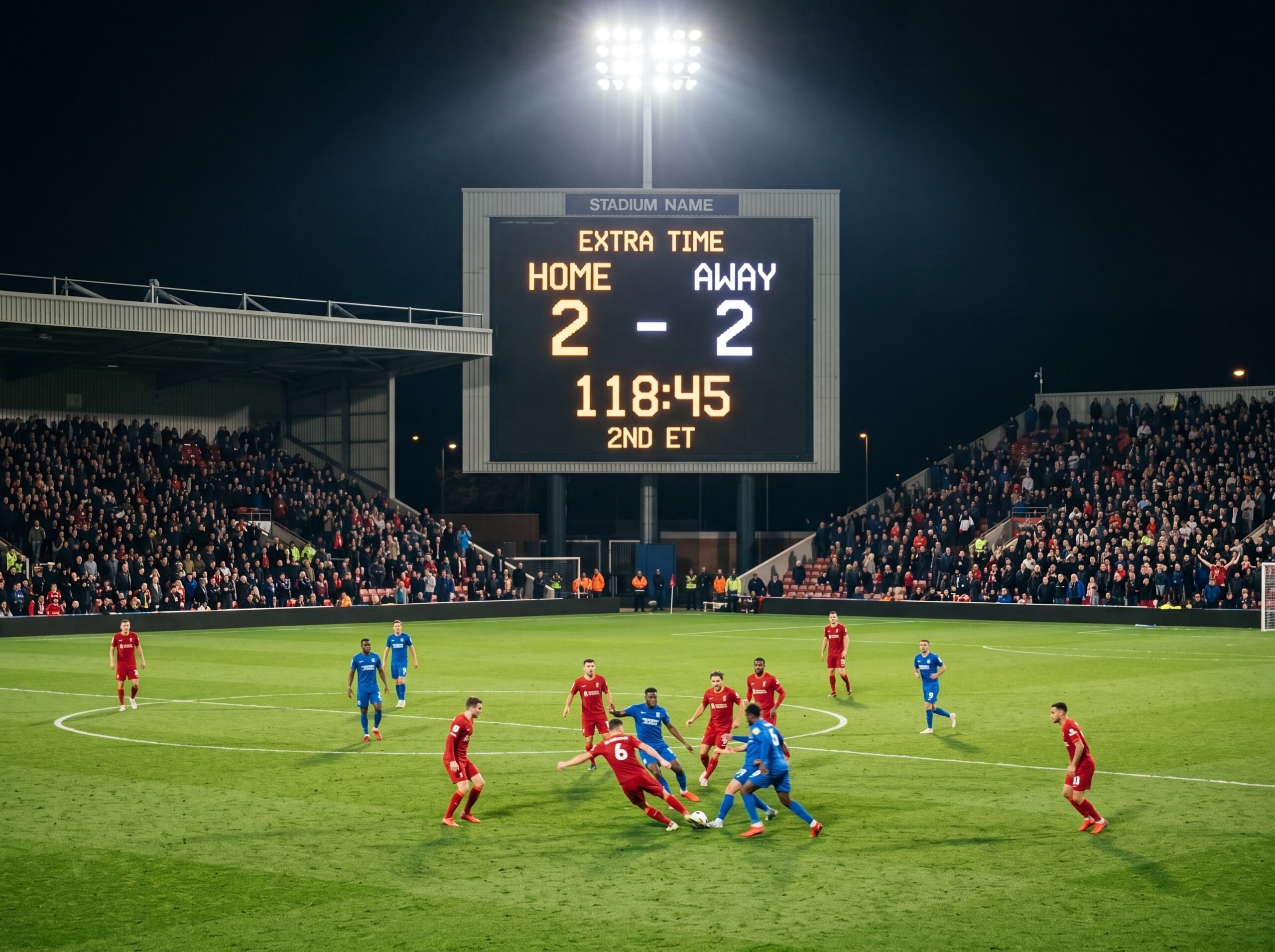 Stadium clock past 90 minutes as a tied soccer match heads into extra time