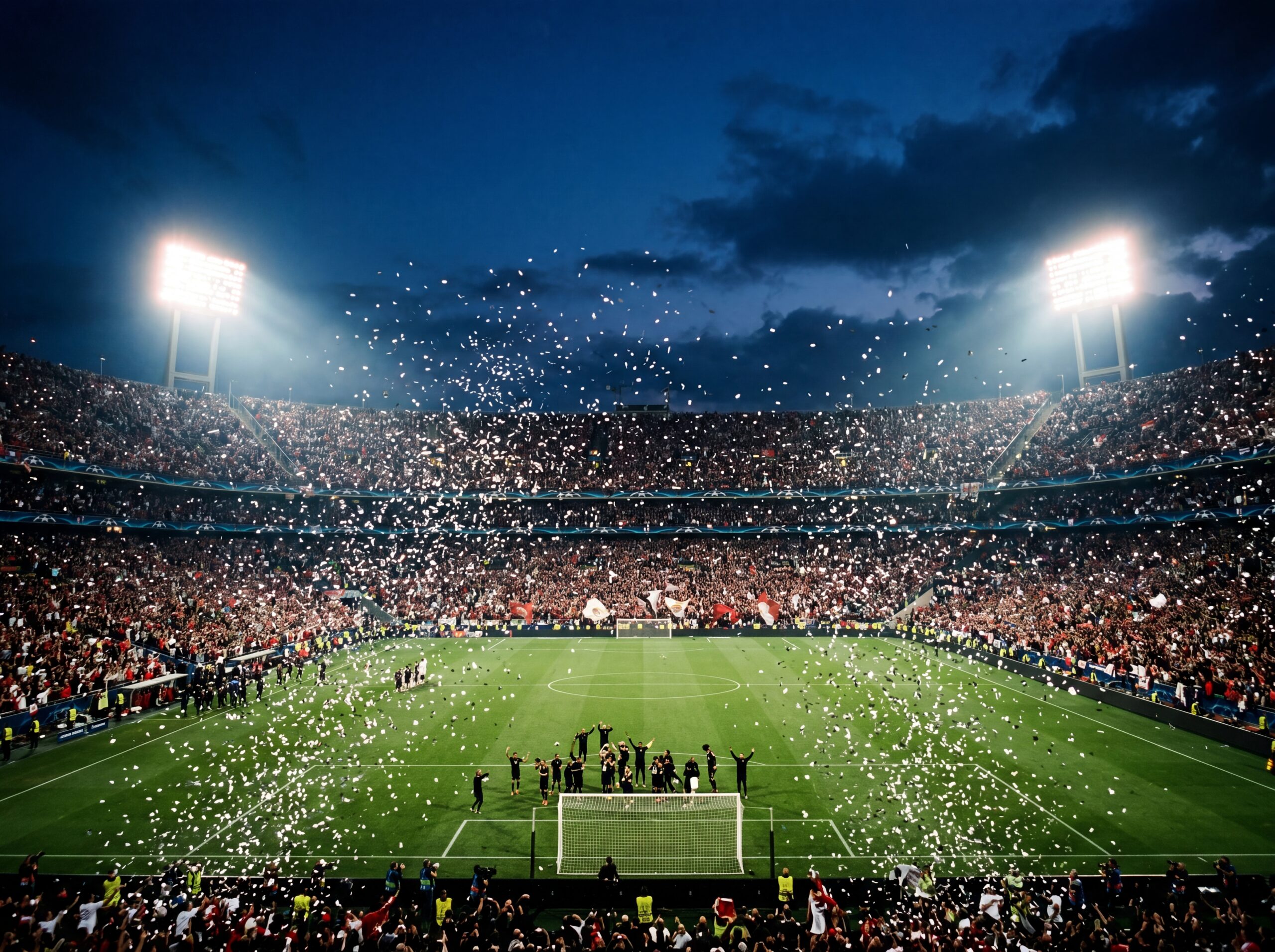 atmospheric photo of a packed football stadium during a night final, full stands lit up, confetti falling under bright floodlights, players celebrating as small silhouettes on the pitch