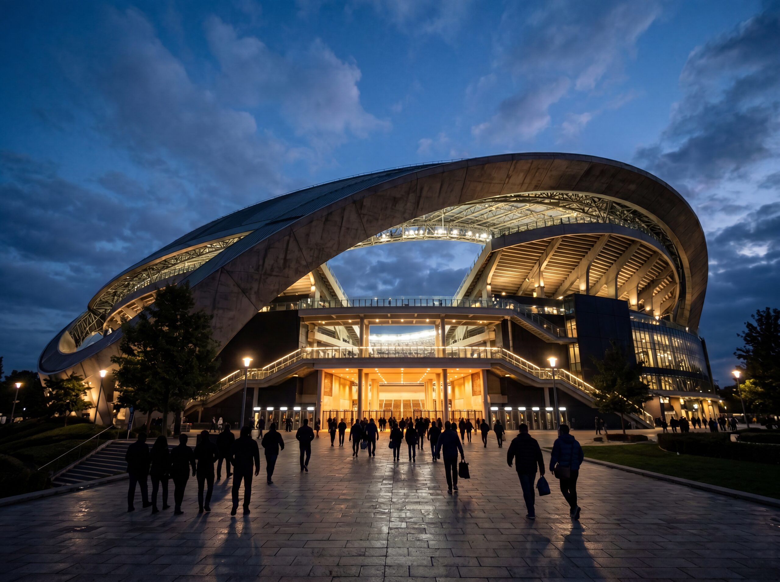 Dramatic low-angle photo of a massive iconic open-air football stadium exterior at dusk, sweeping curved architecture, warm interior glow spilling out, a few silhouetted fans walking toward the entrance