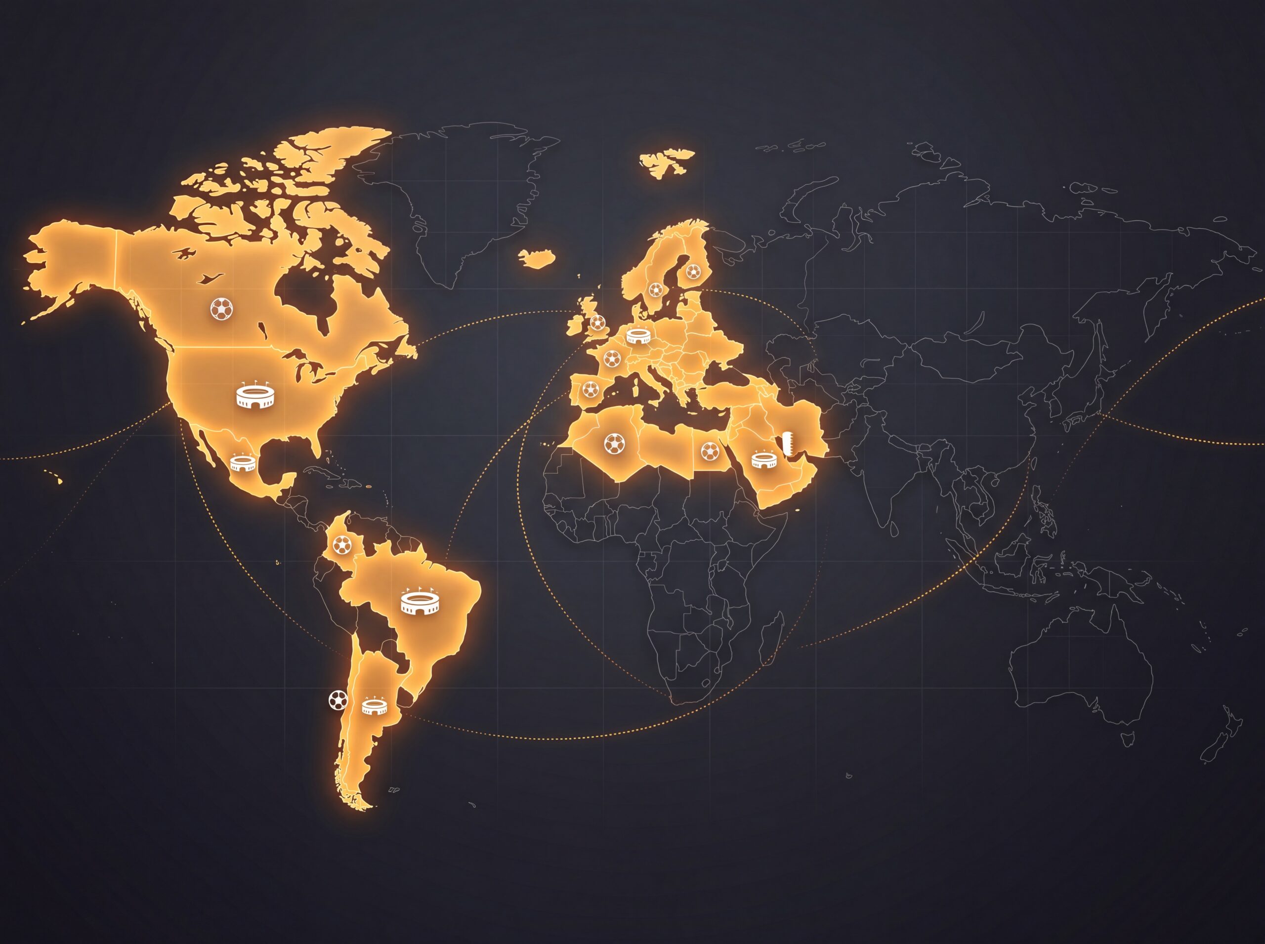 world map illustration highlighting World Cup host regions, North America, Europe, North Africa, the Middle East and South America glowing in warm amber tones against a deep charcoal background