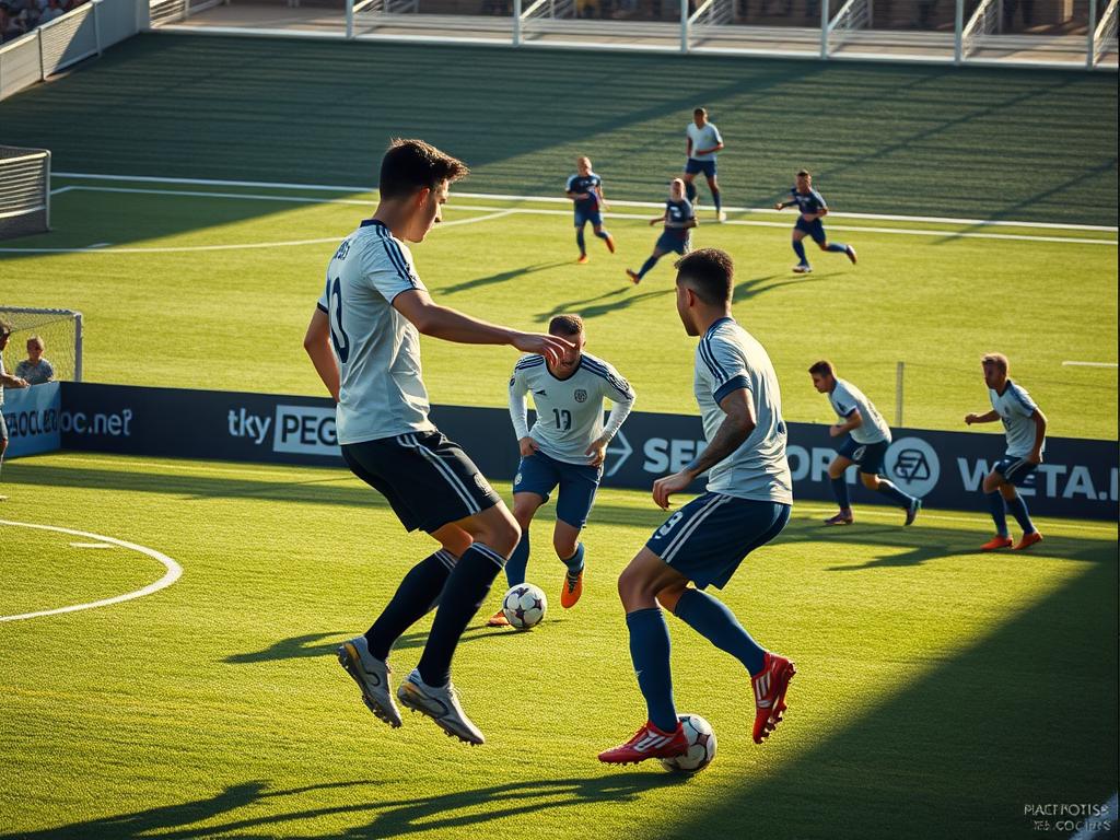 A dynamic soccer scene with players engaged in build-up play. In the foreground, two midfielders exchange a short, crisp pass, their movements fluid and purposeful. In the middle ground, a defender scans the field, anticipating the next move. The background reveals the larger context, with teammates maneuvering to create overloading positions, their movements captured by a high-angle, wide-angle lens that emphasizes the tactical complexity of the situation. The lighting is natural, casting long shadows that convey a sense of momentum and energy. The overall atmosphere is one of intense focus and strategic decision-making, reflecting the importance of effective build-up play in unlocking a defense.