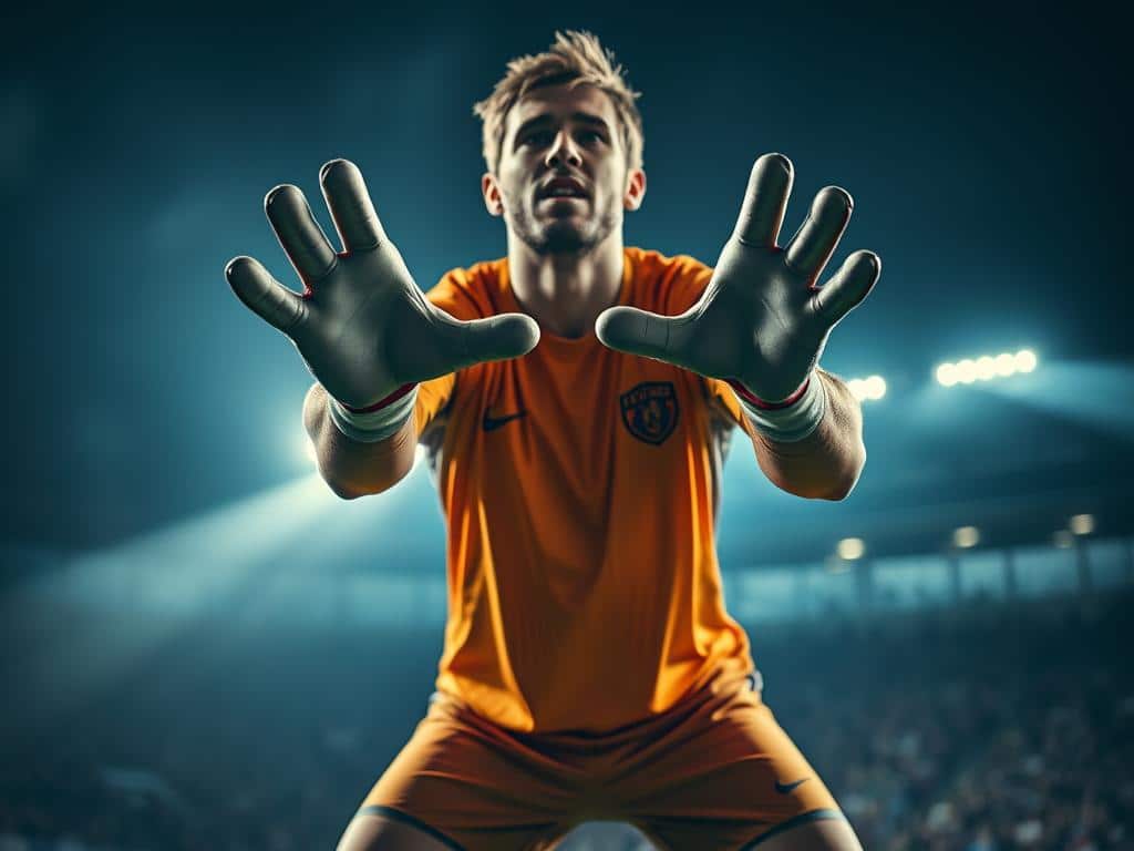 A goalkeeper in a classic goalkeeper's stance, poised and focused, with hands outstretched, ready to make a save. Dramatic low-angle shot using a wide-angle lens, capturing the intensity of the moment. Backlit by a beam of light cutting through the shadows, creating a cinematic, heroic atmosphere. The goalkeeper's kit is in team colors, with a distinctive badge or logo visible. The background is blurred, keeping the attention on the goalkeeper's pivotal role in starting and stopping counterattacks.