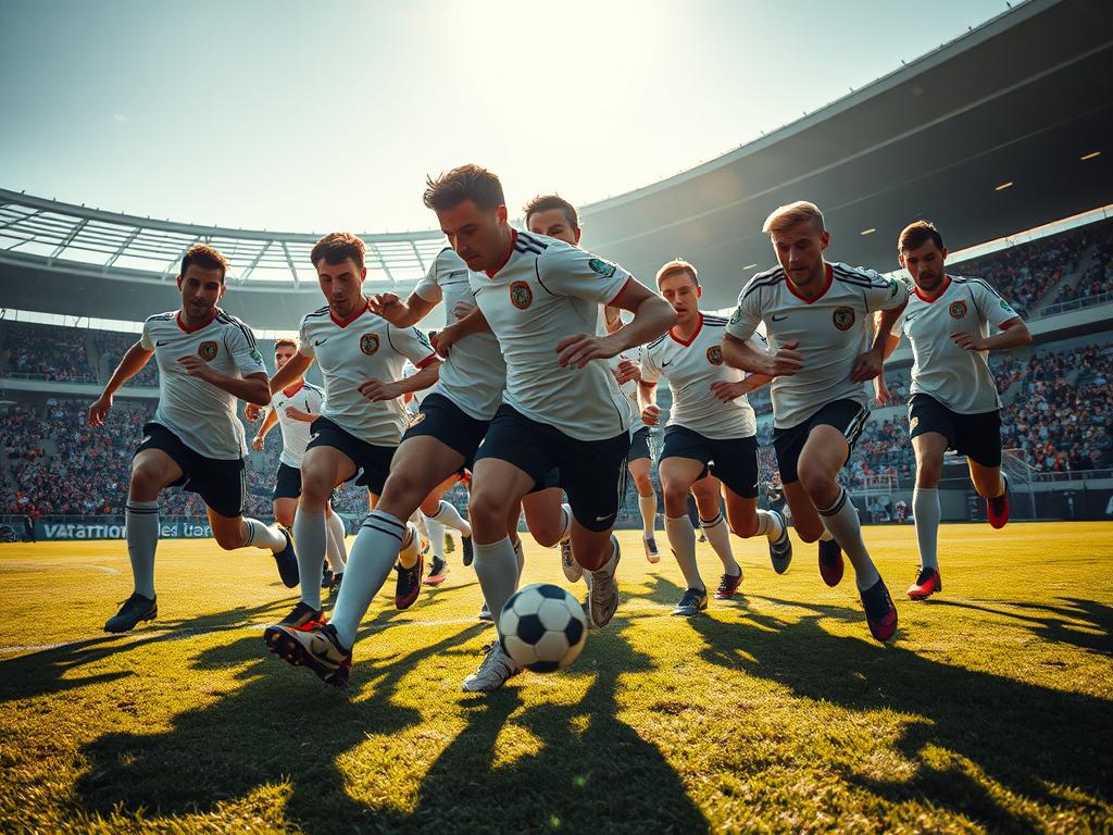 A group of soccer players in intense pursuit, their cleats pounding the pitch as they press their opponents. Sunlight filters through the stadium, casting dynamic shadows across the scene. Wide-angle lens captures the drama, focusing on the players' faces - determination etched in every feature, eyes locked on the ball. The midfield is a blur of motion, bodies colliding as the team collectively surges forward, relentlessly cutting off passing lanes. Tension builds as the opposing player struggles to find an escape, knowing the press is closing in. This is the essence of high-press soccer - an orchestrated symphony of urgency, discipline, and collective will.
