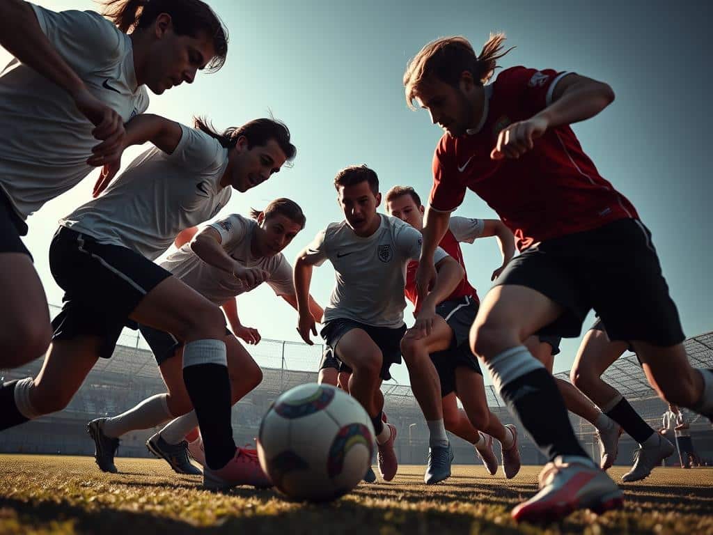 A group of soccer players pressing intensely, their muscles straining as they aggressively close down on the ball carrier. Captured from a low angle with a wide-angle lens, emphasizing the players' physicality and determination. Dramatic side lighting casts long shadows, creating a sense of dynamism and urgency. The players' jerseys flutter in the wind as they move with rapid, coordinated steps, their faces set in fierce concentration. The background is blurred, keeping the focus on the players' movement and the crucial moment of the press.