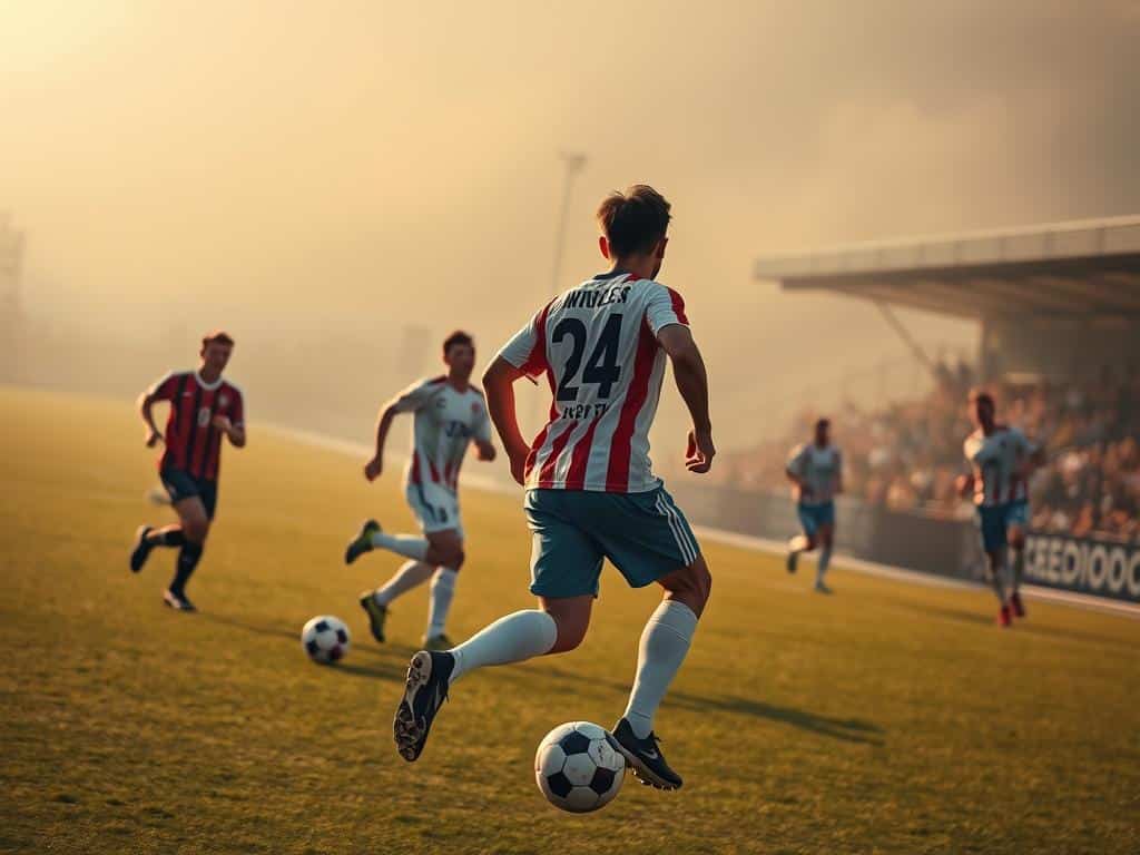 A high-angle shot of a soccer field, with the focus on the right back, fullback, and midfielder in the foreground. The players are in mid-motion, their movements captured with a fast shutter speed, conveying the intensity and coordination of their play. The lighting is natural, casting warm tones across the scene, with a slight haze to create a sense of depth and atmosphere. The camera lens is a wide-angle, 24mm, giving a panoramic view of the field and the players' positioning. The overall mood is one of focus, determination, and teamwork, reflecting the subject of the article section.