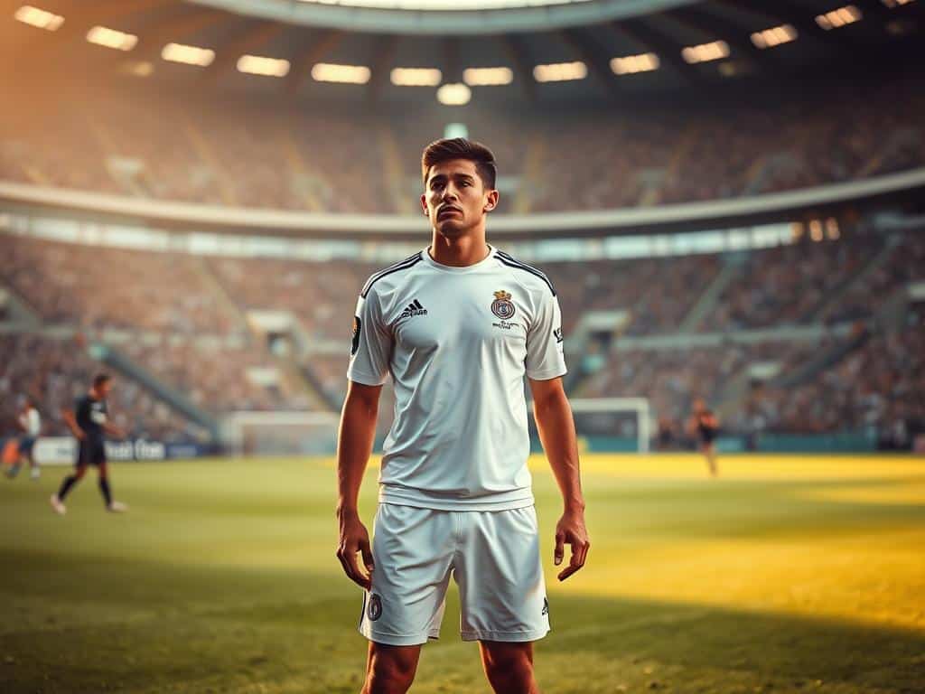 A professional football player in a false nine formation, standing calmly in the center of the pitch, his body positioned to either receive the ball or make a decisive pass. The scene is captured with a wide-angle lens, providing a panoramic view of the field. Warm, natural lighting bathes the player, highlighting his focused expression and the subtle details of his kit. In the background, blurred players and the stadium's architecture create a sense of depth and context, emphasizing the player's pivotal role in the game. The overall mood is one of strategic contemplation, showcasing the multifaceted responsibilities of a false nine in both attacking and defensive phases of play.