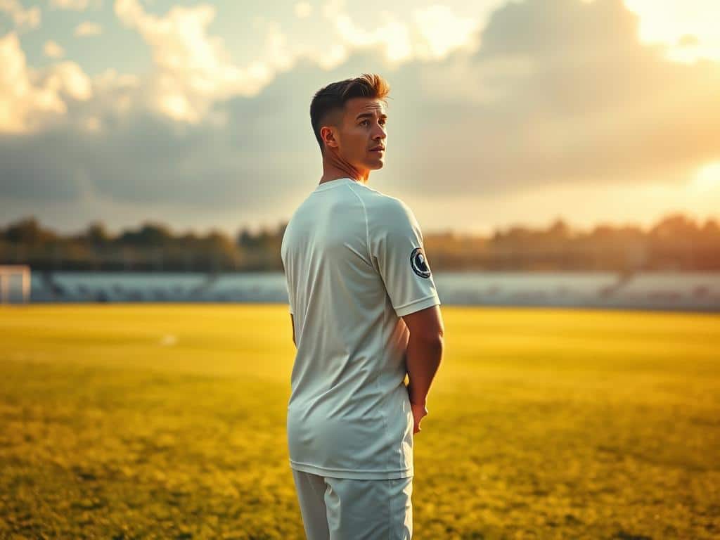 A professional soccer player in a crisp white jersey, poised in a thoughtful stance on a lush green pitch. Warm sunlight filters through wispy clouds, casting a soft glow across the scene. A wide-angle lens captures the player's full figure, emphasizing their graceful poise and the expansive field around them. The player's gaze is focused, conveying the deep tactical understanding required of a "false nine" - a striker who drops deep to link play, defying traditional striker roles. The composition highlights the player's isolated, contemplative moment, inviting the viewer to appreciate the nuance and artistry of this specialized position.