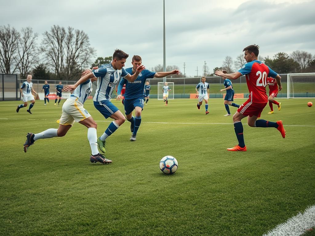 A soccer field with players in a complex switching play. In the foreground, two attackers exchange a quick one-two pass, their bodies in dynamic motion as they shift the ball between them. In the middle ground, a defender rushes to close down the space, their outstretched leg creating a sense of urgency. The background features the rest of the team in position, some making runs, others providing support, all engaged in the fluid, evolving tactics. Lighting is natural, with a slight overcast creating soft shadows that accentuate the players' forms. The camera angle is low, capturing the action from the perspective of a spectator on the sideline, using a wide-angle lens to convey the scale and intensity of the moment.