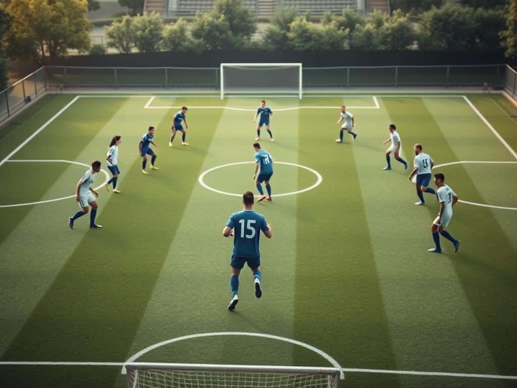 A soccer pitch with 11 players in their respective positions, captured from a high-angle perspective using a 24-70mm lens. The players are dressed in their team uniforms, each marked with their position - goalkeeper, defenders, midfielders, and forwards. The lighting is natural, with soft shadows and highlights that accentuate the players' movements and the pitch's texture. The background is blurred, emphasizing the players and their tactical arrangement on the field. The mood is focused and analytical, conveying the importance of understanding roles and responsibilities in a counter-attacking strategy.