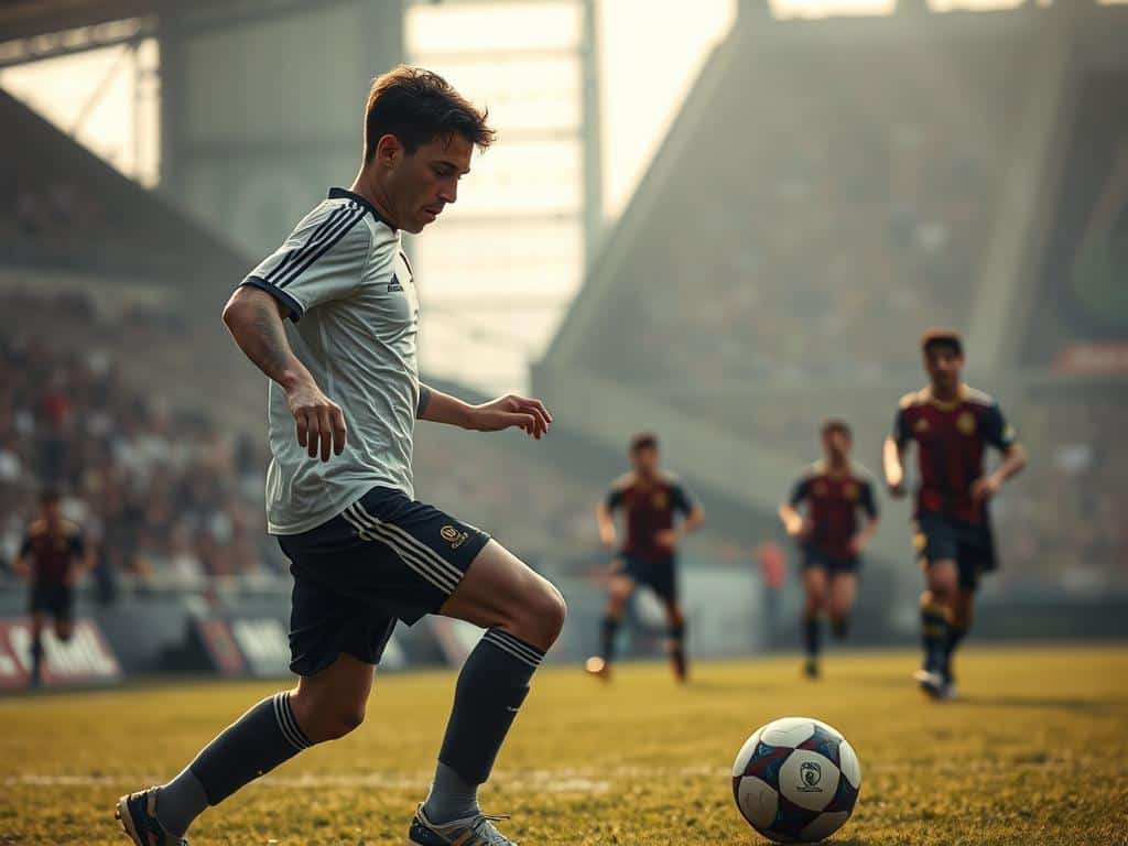 A soccer player in a tense midfield moment, carefully controlling the ball while their teammates move into advanced positions. The scene is captured with a cinematic 35mm lens, the player's intense focus and determination evident in their expression. The background is a blurred, hazy stadium with spectators watching intently. Muted lighting casts dramatic shadows, creating a sense of high-stakes drama as the player executes a precise switch of play, probing for an opening to release the ball to an unmarked teammate. The overall mood is one of calculated intensity, a pivotal moment in the match where split-second decisions will determine the outcome.