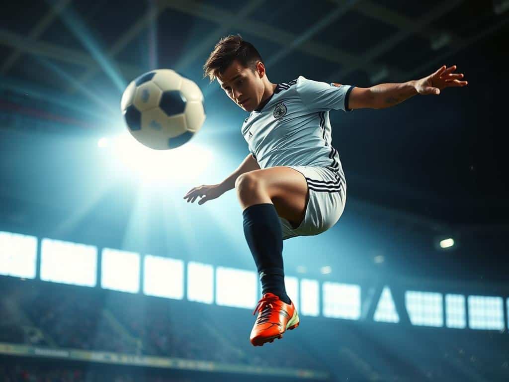 A soccer player in mid-air, anticipating the ball's trajectory with laser-like focus. Dramatic lighting casts dynamic shadows, emphasizing the intense concentration etched on the player's face. Telephoto lens captures the action from a low angle, creating a sense of immediacy and urgency. The blurred background suggests a packed stadium, heightening the pressure of the moment. An atmosphere of charged excitement and split-second decision-making permeates the scene, perfectly encapsulating the "reading the game faster than the attacker" concept.