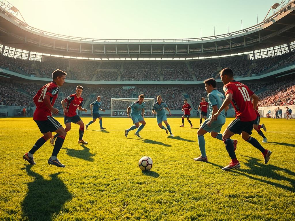 A wide-angle shot of a soccer pitch, the grass lush and verdant. Two teams face off, the ball moving swiftly between them. In the half-space, players press forward, creating an overload situation, their movements fluid and purposeful. Sunlight filters through the stadium, casting dramatic shadows across the scene. A Nikon D850 DSLR with a 24-70mm f/2.8 lens captures the action, the f-stop set to 5.6 for a shallow depth of field, highlighting the players in sharp focus. The mood is one of intense tactical play, the players' expressions focused and determined as they seek to exploit the overload for a penetrating attack.
