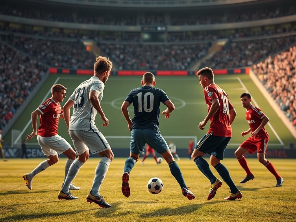A high-quality, detailed image depicting the tactical trade-offs and matchups between a back three and a back four defensive formations. Captured from a low-angle perspective using a wide-angle 24mm lens, showcasing a soccer pitch with players in realistic uniforms and poses. The foreground features the defenders in an intense duel, their bodies in dynamic motion as they compete for the ball. The middle ground highlights the positioning and organization of the two defensive shapes, with the back three in a compact, triangular formation and the back four in a staggered, rectangular alignment. The background showcases the wider context of the game, with spectators in the stands and the stadium infrastructure visible. The lighting is natural, with deep shadows and highlights that accentuate the players' musculature and the texture of the pitch. The overall mood is one of tactical intensity and high-stakes competition.