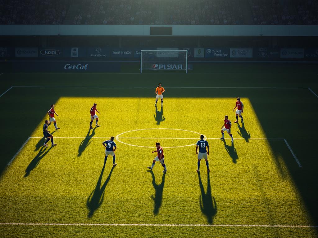 A meticulously detailed football formation with three defenders at the back, captured in a dramatic, cinematic style. The scene is set on a well-manicured pitch, with the players positioned in a classic 3-4-3 formation. The lighting is soft and natural, casting long shadows that emphasize the dynamic poses of the players. The camera is positioned slightly above the action, providing a bird's-eye view that showcases the tactical arrangement of the team. The uniforms are vibrant and true to their respective clubs, adding to the authenticity of the scene. The overall atmosphere conveys a sense of strategic planning and defensive solidity, perfectly reflecting the advantages of the three-at-the-back system.
