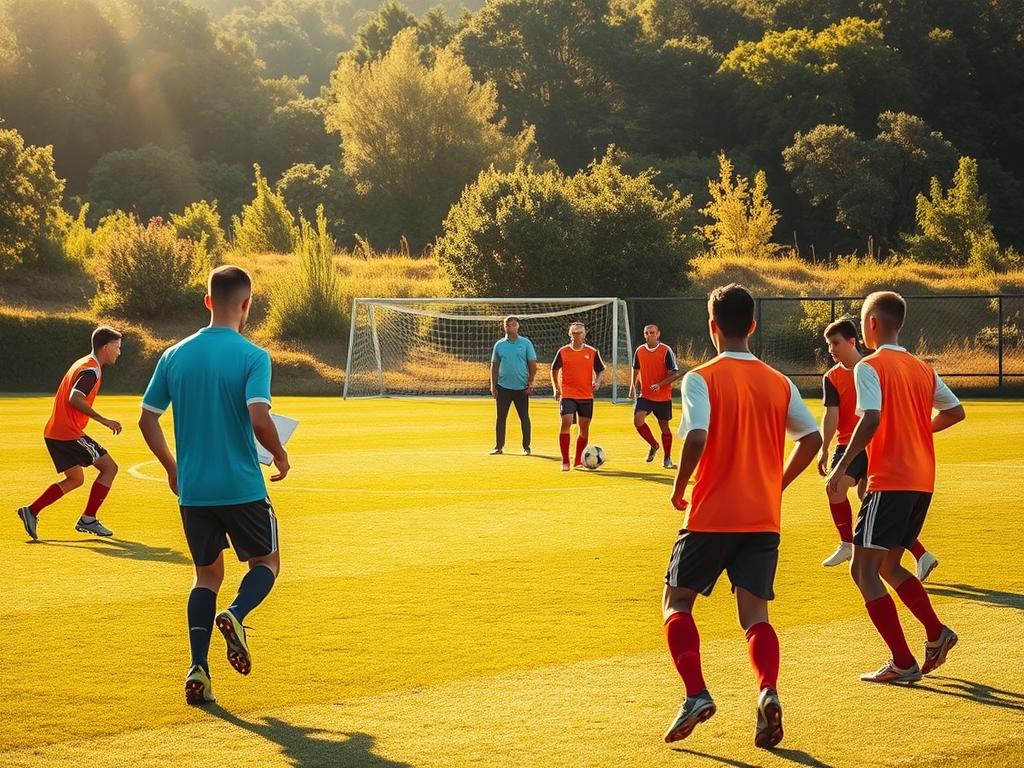 A soccer field bathed in warm, golden sunlight. In the foreground, two teams of players dressed in vibrant jerseys engage in a spirited training session, their movements fluid and coordinated as they practice zonal marking techniques. The middle ground reveals a coach, clipboard in hand, observing and providing guidance, while the background showcases the lush, verdant landscape surrounding the pitch. The scene is captured with a wide-angle lens, giving a sense of depth and immersion, as if the viewer is part of the training session. The overall atmosphere is one of focus, determination, and the pursuit of collective improvement.