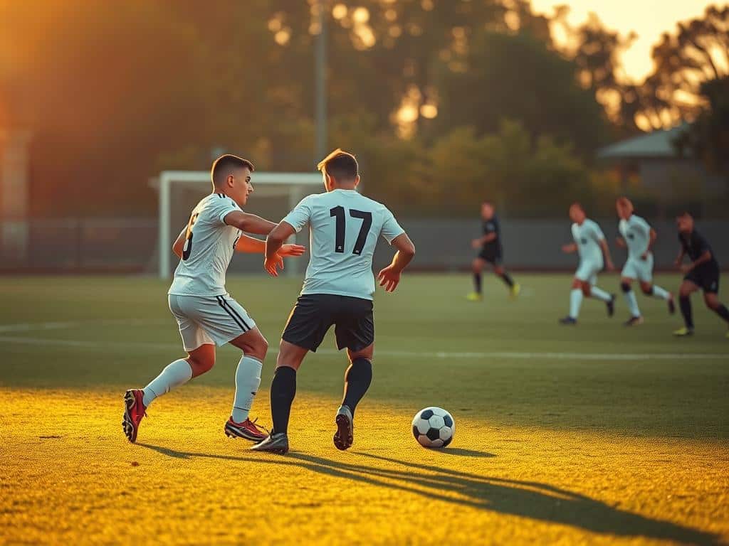 A soccer field illuminated by a soft, golden light, the players engaged in a tactical dance of hybrid marking. In the foreground, two athletes jostle for position, their bodies intertwined as they balance the demands of man-marking and zone coverage. The middle ground reveals the intricate web of movement, with teammates adjusting their positions to create a cohesive defensive structure. In the background, the opposing team probes for weaknesses, their movements captured in a blur of dynamic motion. The scene is infused with a sense of tactical complexity and athletic prowess, captured through the lens of a high-quality DSLR camera with a shallow depth of field.