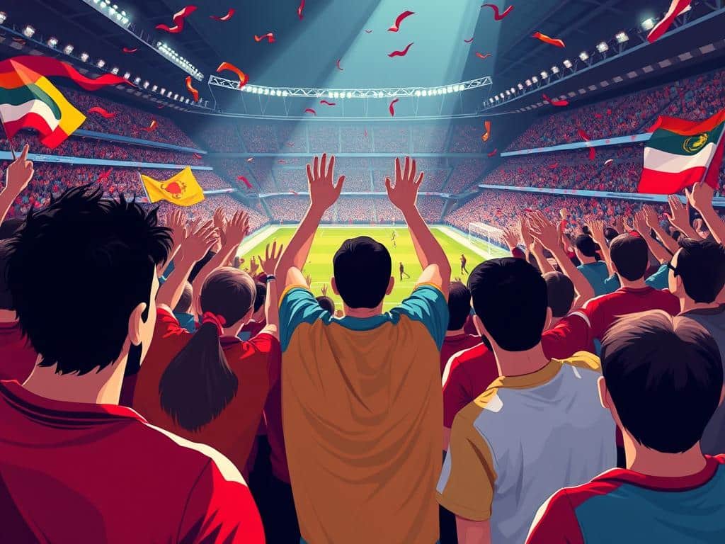 A bustling crowd of football fans, their faces obscured, erupting in a roar of excitement as a video assistant referee (VAR) decision unfolds on the pitch. Vibrant jerseys, scarves, and banners sway in the air, creating a pulsating atmosphere. Dramatic lighting casts long shadows, accentuating the tension and drama of the moment. Swirling camera angles capture the energy and emotion of the fans, their bodies in motion, reacting to the game's twists and turns. The scene evokes the heightened emotional experience of fans, both positive and negative, as they navigate the impact of VAR on the sport they love.