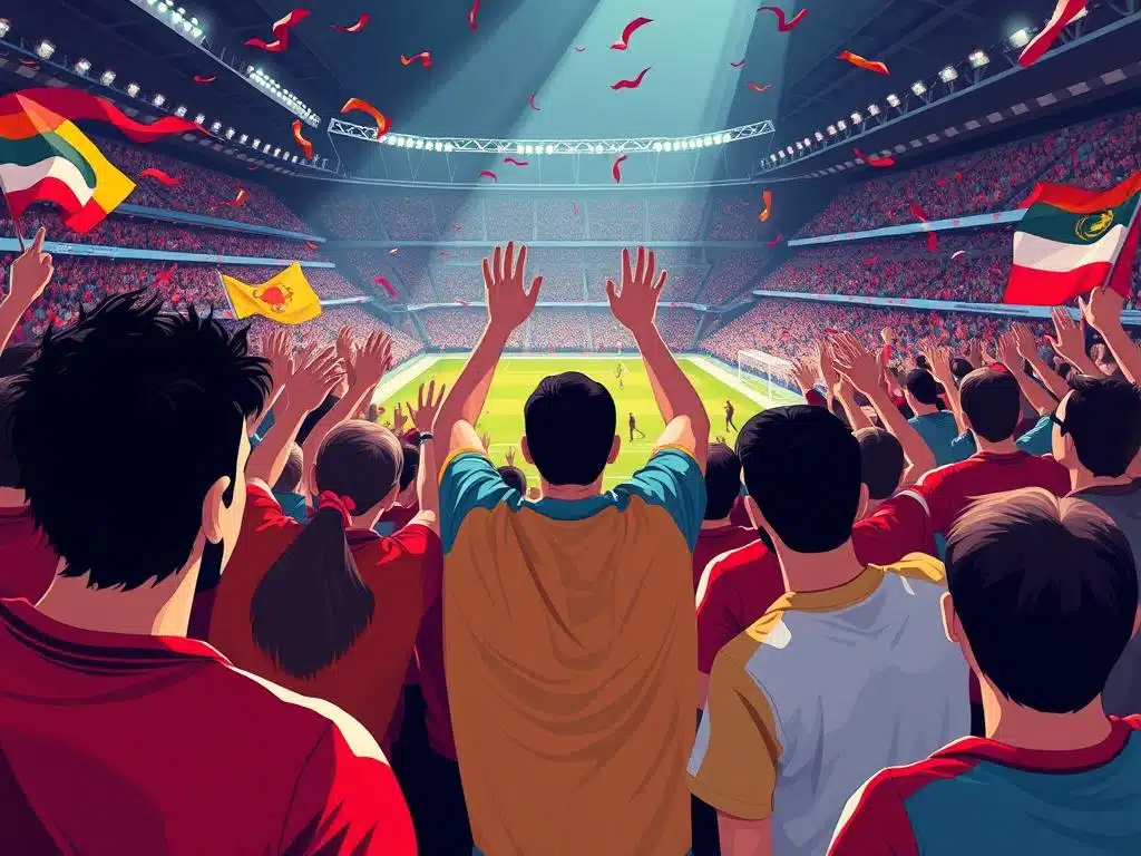 A bustling crowd of football fans, their faces obscured, erupting in a roar of excitement as a video assistant referee (VAR) decision unfolds on the pitch. Vibrant jerseys, scarves, and banners sway in the air, creating a pulsating atmosphere. Dramatic lighting casts long shadows, accentuating the tension and drama of the moment. Swirling camera angles capture the energy and emotion of the fans, their bodies in motion, reacting to the game's twists and turns. The scene evokes the heightened emotional experience of fans, both positive and negative, as they navigate the impact of VAR on the sport they love.