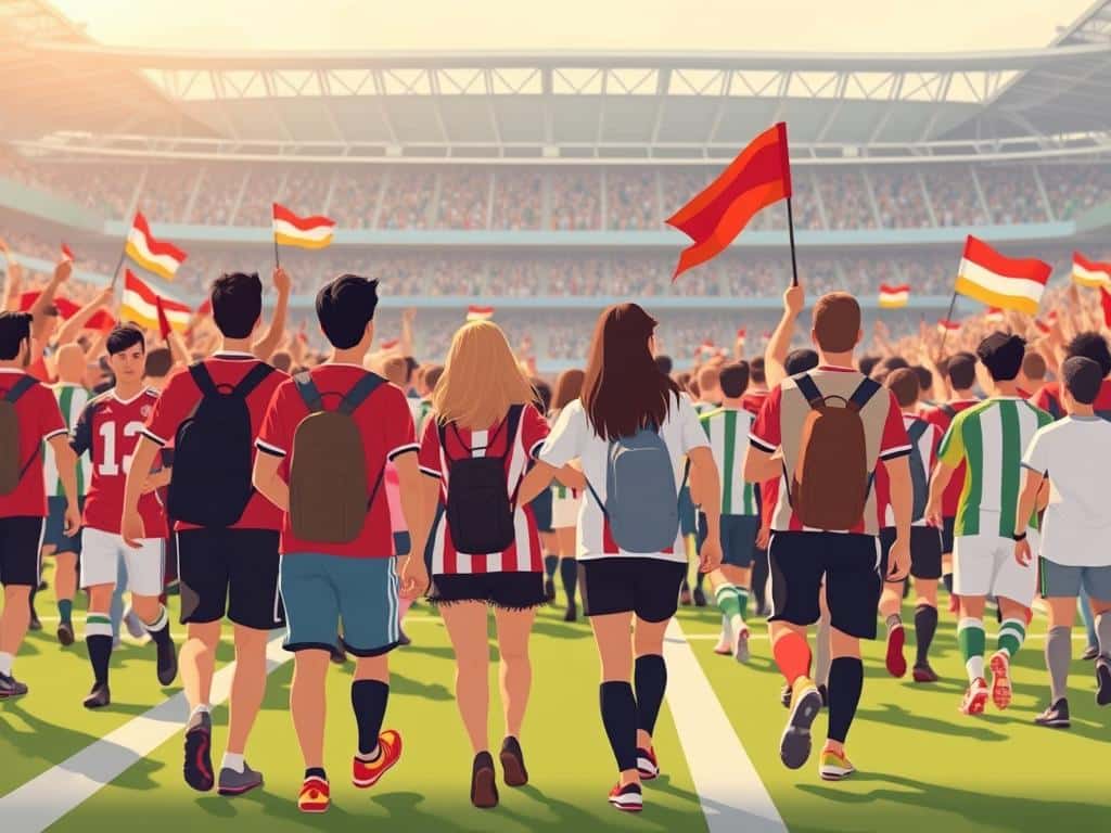 A bustling crowd of soccer fans, donning their team colors, eagerly making their way towards the stadium. The camera captures the energy and anticipation of the moment, with fans chatting excitedly, waving flags, and chanting in unison. The scene is bathed in a warm, golden light, creating a sense of excitement and camaraderie. In the foreground, a group of friends walk arm-in-arm, their faces hidden, focused on their shared journey to the match. In the background, the towering stadium looms, drawing the fans ever closer to the main event. The composition conveys the dynamic, communal nature of the fan experience, building the sense of anticipation and collective spirit.