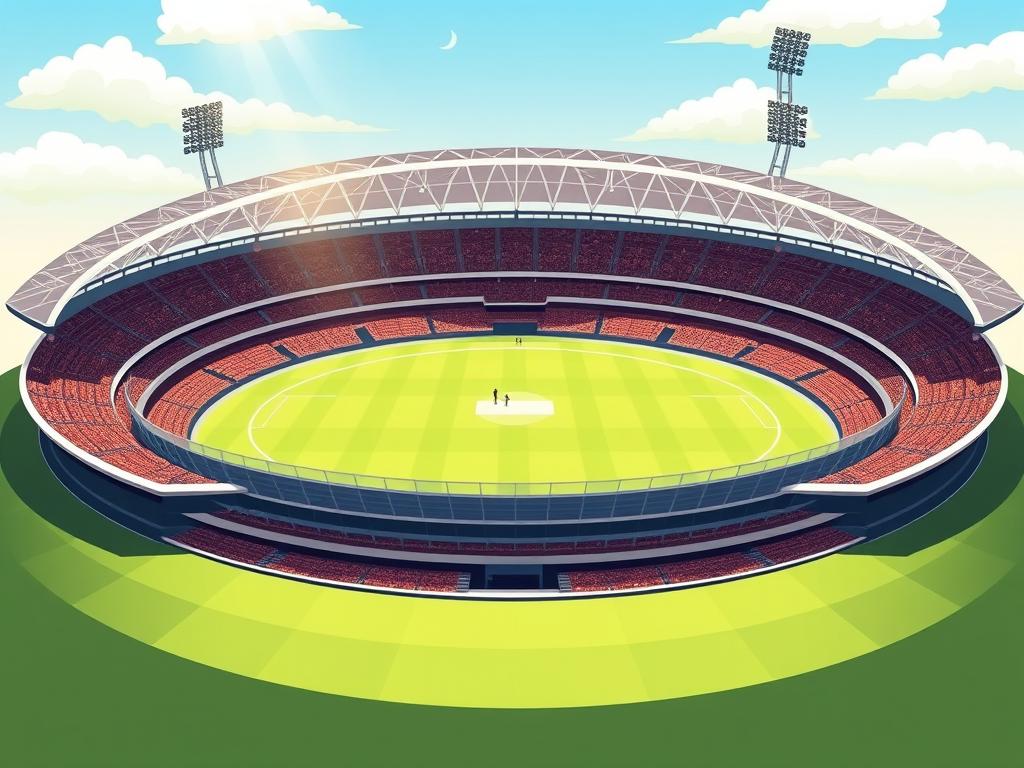A colossal, majestic cricket ground situated in the heart of Melbourne, Australia. The sprawling stadium, with its iconic curved roof and towering grandstands, stands as a testament to the city's love for multi-purpose sports venues. Capture the energy and excitement of the field, where athletes compete with incredible skill and precision, as sunlight filters through the glass panels, casting a warm glow over the scene. Angle the camera to showcase the sheer scale and architectural grandeur of this impressive arena, where the roar of the crowd echoes through the air, creating a palpable atmosphere of anticipation and thrill.
