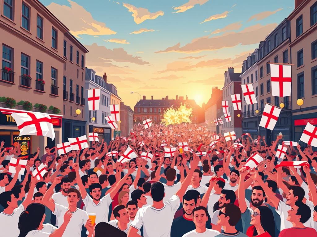 A crowd of passionate England fans flooding the streets, flags and banners waving in the cool evening air. In the distance, a pub bursts with the roar of a goal being scored, echoing through the urban landscape. Pints raised high, scarves twirled overhead, the unmistakable energy of a nation united in a shared moment of triumph. Sunlight filters through the clouds, casting a warm glow on the scene, as the crowd surges forward, chanting the iconic refrain "It's coming home!" - a chorus that carries the weight of history and the hope of a people longing to reclaim their rightful place on the world stage.
