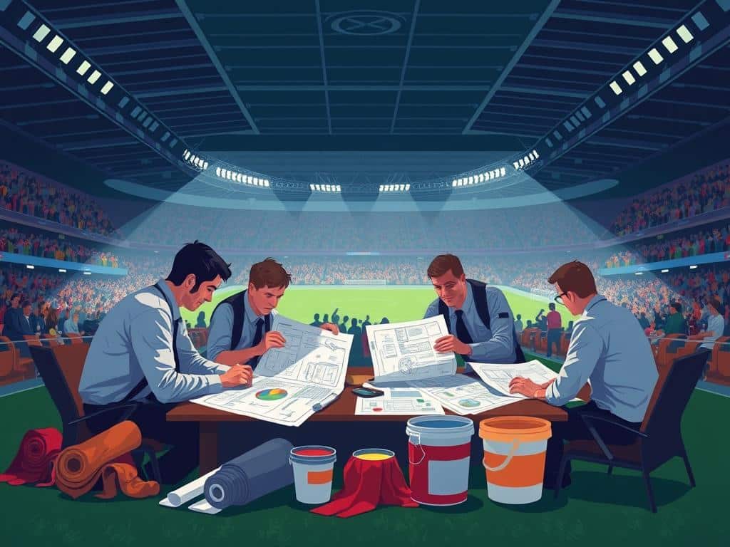 A dimly lit stadium lounge, stadium officials poring over detailed blueprints and schematics, mapping out the logistics of an upcoming tifo display. Rolls of vibrant fabric and buckets of paint sit nearby, hinting at the creative process to come. The atmosphere is one of focused collaboration, as the team meticulously plans the choreography, lighting, and safety measures to ensure a spectacular and secure tifo unveiling. Overhead, the stadium roof casts dramatic shadows, adding a sense of anticipation and drama to the scene. A dimly lit stadium lounge, stadium officials poring over detailed blueprints and schematics, mapping out the logistics of an upcoming tifo display. Rolls of vibrant fabric and buckets of paint sit nearby, hinting at the creative process to come. The atmosphere is one of focused collaboration, as the team meticulously plans the choreography, lighting, and safety measures to ensure a spectacular and secure tifo unveiling. Overhead, the stadium roof casts dramatic shadows, adding a sense of anticipation and drama to the scene.
