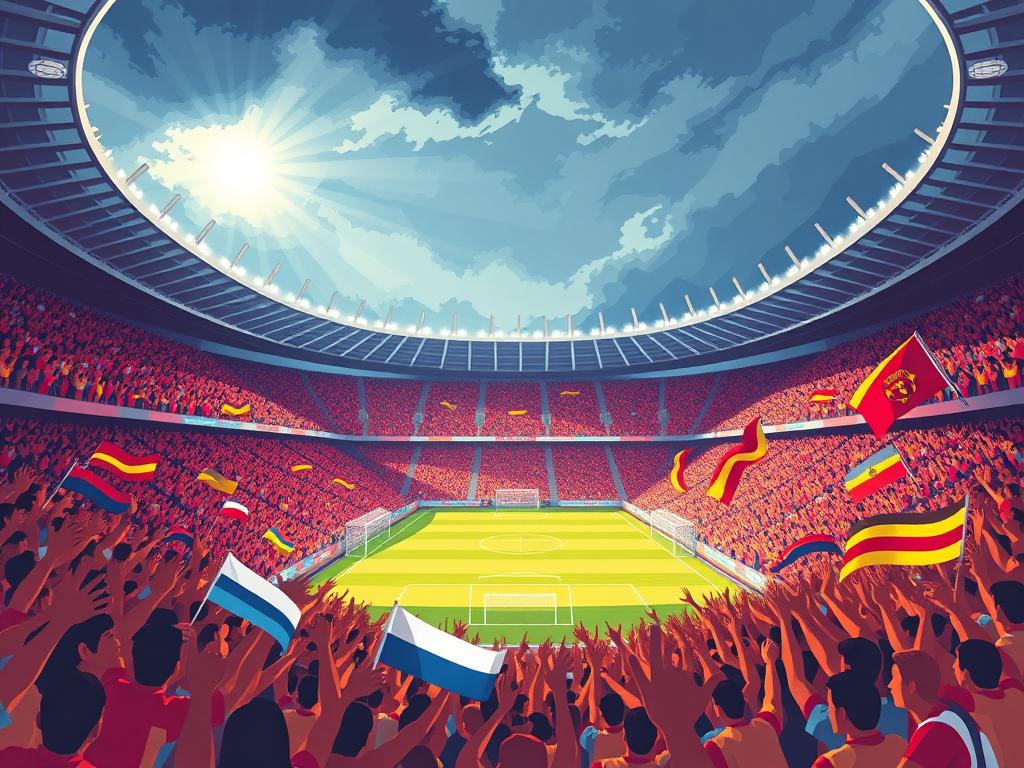 A dynamic soccer stadium packed with a passionate fanbase, their energy and devotion radiating through the scene. In the foreground, a swirling mass of vibrant supporters, arms raised, flags waving, creating a sense of unified fervor. The middle ground features the stadium's architecture, with soaring terraces and archways framing the action. In the background, a dramatic sky filled with dramatic lighting and shadows, adding depth and atmosphere to the composition. The overall mood is one of intense community spirit, history, and unwavering dedication to the beloved club. A dynamic soccer stadium packed with a passionate fanbase, their energy and devotion radiating through the scene. In the foreground, a swirling mass of vibrant supporters, arms raised, flags waving, creating a sense of unified fervor. The middle ground features the stadium's architecture, with soaring terraces and archways framing the action. In the background, a dramatic sky filled with dramatic lighting and shadows, adding depth and atmosphere to the composition. The overall mood is one of intense community spirit, history, and unwavering dedication to the beloved club.