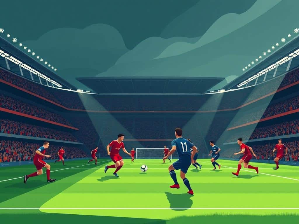 A grand stadium looming over a pitch alive with the clash of two teams in a fierce Merseyside derby. The lush green field is a canvas for their relentless pursuit, players in red and blue kits darting and weaving, the ball a blur as they battle for possession. The roar of the crowd echoes through the air, creating an electric atmosphere of unbridled passion and rivalry. Dramatic chiaroscuro lighting casts dramatic shadows, heightening the sense of intensity and drama unfolding on the field. Wide-angle lens captures the sweeping scale of the event, emphasizing the grandeur and significance of this iconic soccer showdown that is woven into the very fabric of Liverpool.