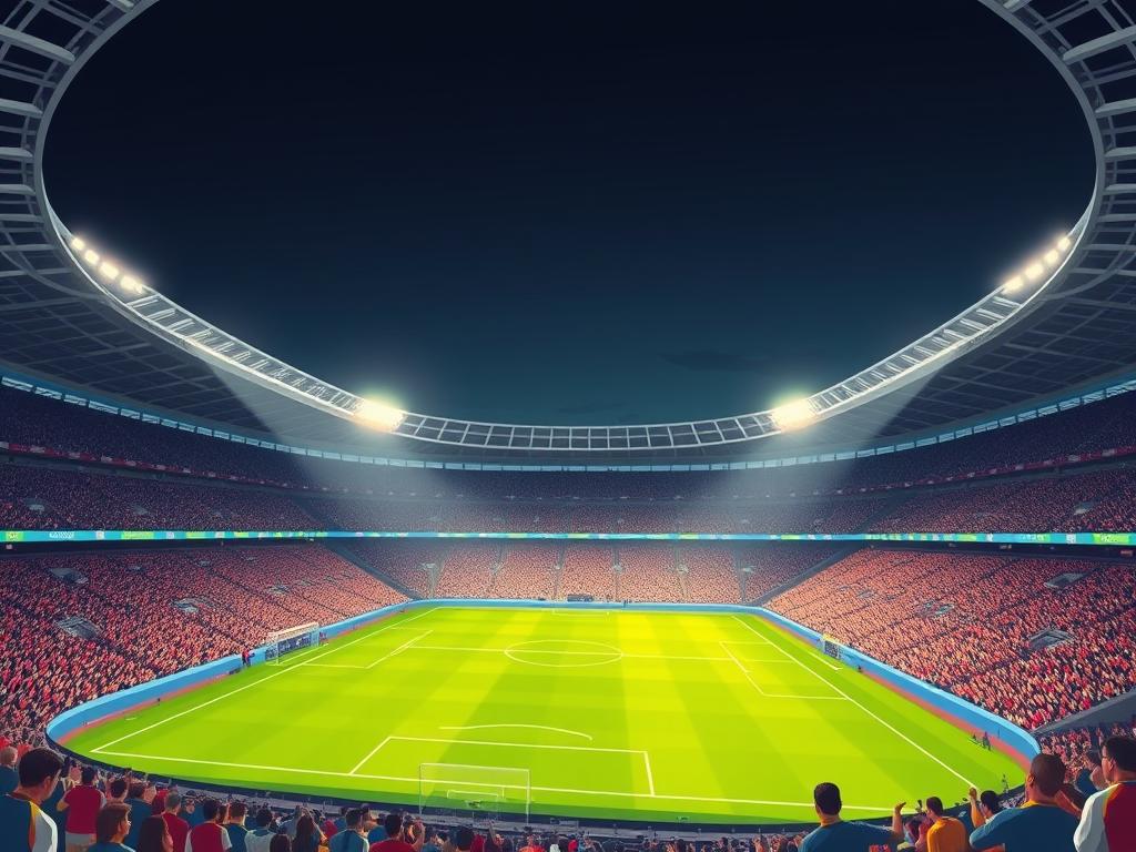 A large, sprawling soccer stadium dominates the frame, its towering stands and imposing architecture casting long shadows across the lush, verdant pitch. Floodlights illuminate the scene, casting a warm, dynamic glow over the entire image. Fans in the stands are a blur of motion, their energy and enthusiasm palpable. The perspective is slightly elevated, offering a panoramic view of the entire stadium, capturing the scale and grandeur of this impressive sports venue. In the distance, the surrounding cityscape provides a subtle backdrop, hinting at the global significance of this iconic soccer arena.