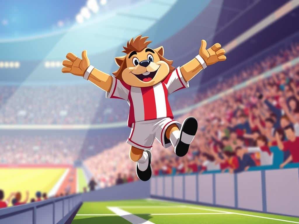 A lively soccer mascot in mid-leap, with arms and legs outstretched, dynamically engaging with fans in the stands. The scene is bathed in vibrant stadium lighting, capturing the energy and excitement of the game. The mascot's oversized costume and exaggerated movements convey a sense of playful enthusiasm, drawing the audience into the festivities. In the background, a blurred crowd cheers and waves, their faces obscured to focus attention on the mascot's engaging antics. The camera angle is slightly elevated, providing a birds-eye view of the mascot's off-pitch performance, showcasing its ability to captivate and entertain the crowd. A lively soccer mascot in mid-leap, with arms and legs outstretched, dynamically engaging with fans in the stands. The scene is bathed in vibrant stadium lighting, capturing the energy and excitement of the game. The mascot's oversized costume and exaggerated movements convey a sense of playful enthusiasm, drawing the audience into the festivities. In the background, a blurred crowd cheers and waves, their faces obscured to focus attention on the mascot's engaging antics. The camera angle is slightly elevated, providing a birds-eye view of the mascot's off-pitch performance, showcasing its ability to captivate and entertain the crowd.
