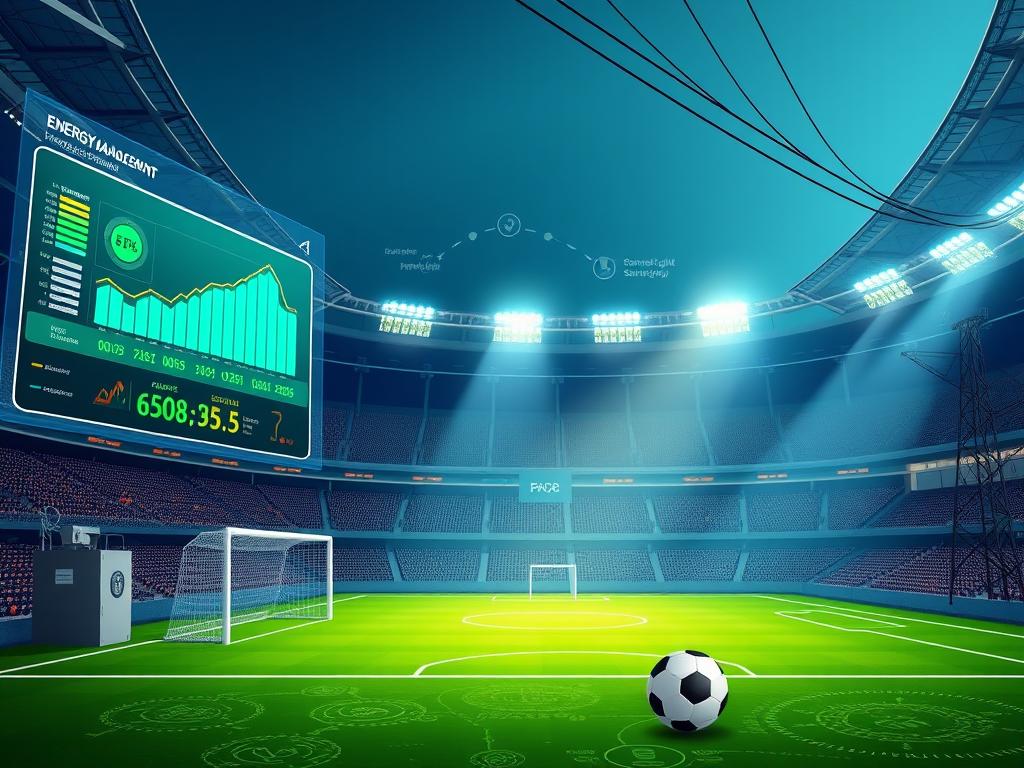 A modern energy management system, its sleek dashboard displaying real-time power consumption data. Holographic displays showcase various energy-saving strategies, from solar panel optimization to smart grid integration. In the background, the stadium's dynamic lighting system pulses with renewable energy, casting an energetic glow across the scene. Powerful transformers and cables crisscross, conveying the constant flow of electricity powering the facility. The overall atmosphere is one of technological sophistication and environmental responsibility, befitting an eco-friendly soccer stadium.