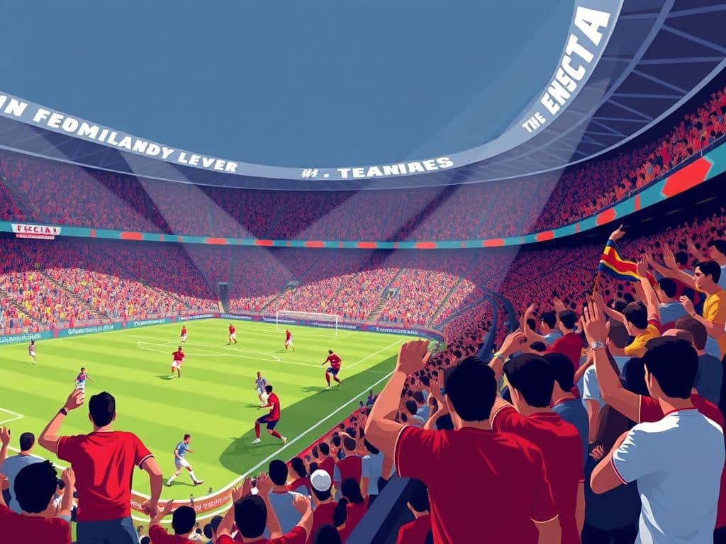 A packed stadium, the roar of the crowd echoing through the air. Fans in vibrant jerseys wave banners and scarves, their unwavering loyalty on full display. The camera captures the energy and passion of the moment, sweeping across the stands as players race across the pitch below. Dramatic lighting casts shadows that add depth and intensity to the scene. The image conveys the relentless spirit of the most dedicated soccer supporters, their unwavering commitment to their team shining through in every moment. A packed stadium, the roar of the crowd echoing through the air. Fans in vibrant jerseys wave banners and scarves, their unwavering loyalty on full display. The camera captures the energy and passion of the moment, sweeping across the stands as players race across the pitch below. Dramatic lighting casts shadows that add depth and intensity to the scene. The image conveys the relentless spirit of the most dedicated soccer supporters, their unwavering commitment to their team shining through in every moment.