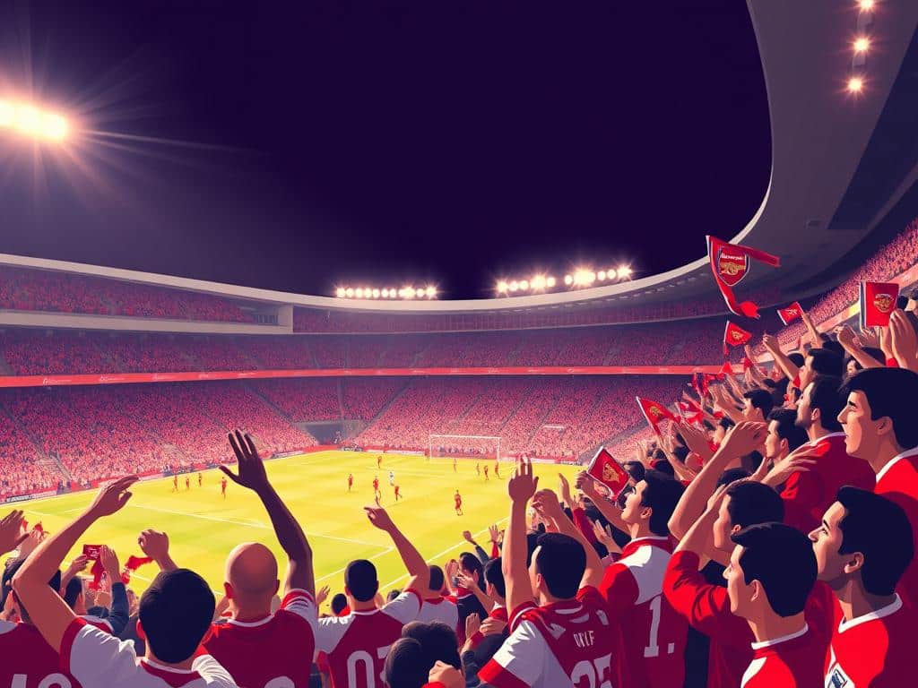 A roaring crowd of Arsenal fans in the stands, their scarves and jerseys creating a vibrant sea of red and white. The camera captures the intensity of the moment, the spectators leaning forward, their faces filled with anticipation and passion as they cheer on their beloved team. The floodlights cast a warm, dynamic glow, highlighting the crowd's energy and the electric atmosphere of the stadium. In the background, the pitch is a blur of motion as the players engage in a thrilling, fast-paced match. The image conveys the unparalleled atmosphere and camaraderie of an Arsenal match, where the fans' unwavering support and collective spirit fuel the team's performance.