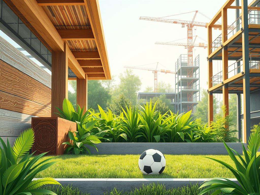 A vibrant array of sustainable building materials in a modern, eco-friendly composition. Textured wooden beams, polished concrete, and sleek steel framing create a dynamic, layered foreground. Verdant foliage and a soft, diffused skylight illuminate the middle ground, evoking a sense of natural harmony. The background showcases innovative low-carbon construction techniques, with cranes and scaffolding casting dynamic shadows. The overall scene conveys a harmonious balance of technology and nature, reflecting the principles of sustainable architecture.