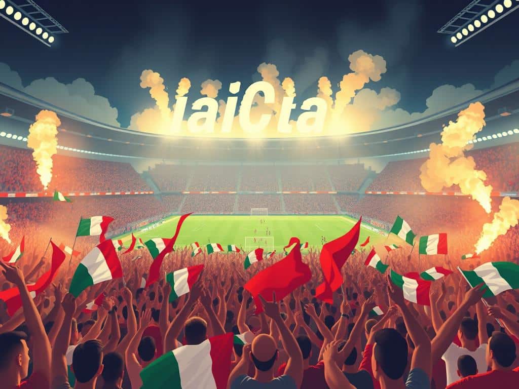 A vibrant, cinematic scene of the iconic Italian curva culture in full display. In the foreground, a sea of passionate supporters wave flags and banners, their bodies in motion as they chant and sing in unison. The middle ground captures the grandeur of the stadium, its tiered architecture framing the dynamic spectacle. In the background, flares and smoke explosions create an atmospheric haze, casting a warm, dramatic glow over the captivating choreography. The composition emphasizes the energy, power, and pageantry that defines this unique subculture of soccer fandom.