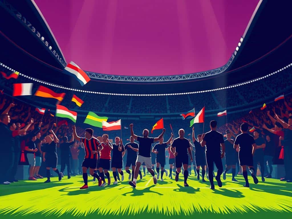 A vibrant, high-energy scene of soccer ultras today, captured in a dynamic, cinematic style. In the foreground, a crowd of passionate fans wave banners, flags, and scarves, their movements blurred to convey a sense of motion and intensity. In the middle ground, a group of ultras march in unison, their faces obscured, creating an anonymous, unified presence. The background is filled with the towering, imposing architecture of a modern soccer stadium, casting dramatic shadows and creating a sense of scale and atmosphere. Dramatic, low-angle lighting casts long shadows, emphasizing the powerful physicality of the ultras and the electric energy of the moment.