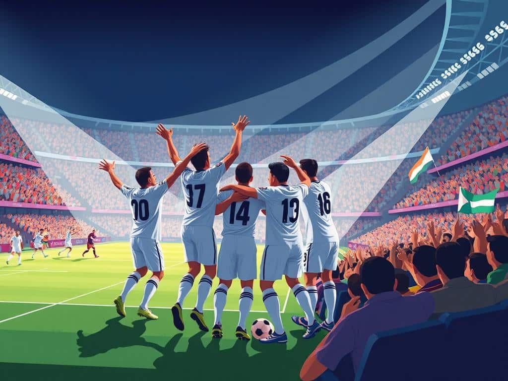 A vibrant stadium, the roar of the crowd echoing as the final whistle blows. In the foreground, players celebrating their victory, their bodies frozen in dynamic poses, limbs outstretched, jerseys billowing in the wind. In the middle ground, teammates embrace, relishing the shared triumph. The background blurs, capturing the energy and emotion of the moment - fans on the edge of their seats, waving flags and banners, their faces alight with joy. Dramatic lighting casts long shadows, heightening the sense of movement and intensity. The scene is a testament to the enduring spirit of the game, a snapshot of the rituals that keep the tradition alive long after the final whistle.