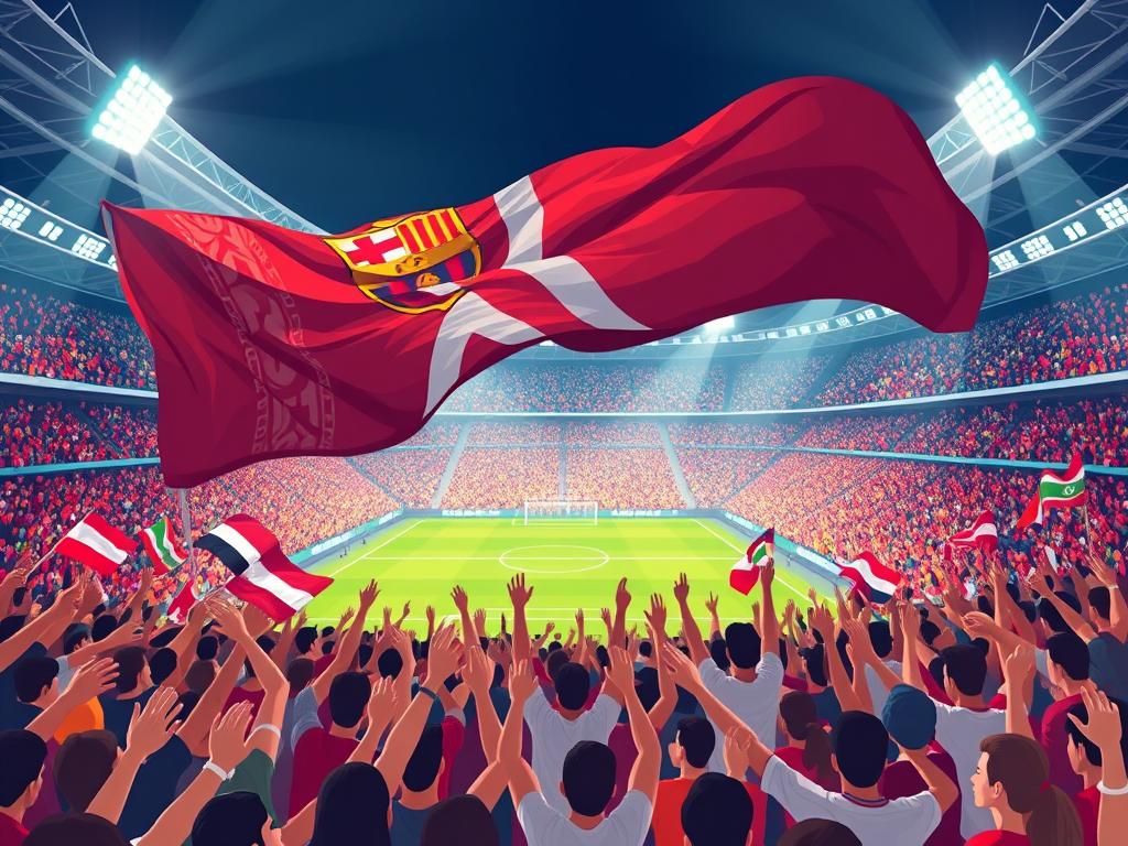 A vibrant, unfurling tifo showcasing a spirited crowd of soccer fans. In the foreground, a vast flag ripples and billows, its intricate design a tapestry of colors and symbols that capture the team's spirit. The midground is a sea of waving arms, flags, and scarves, the supporters' fervent energy palpable. In the background, the stadium rises, its towering stands and bright lights creating a dramatic, cinematic atmosphere. Powerful spotlights illuminate the scene, casting dramatic shadows and highlighting the tifo's dynamic, textured form. The overall mood is one of electric anticipation, passion, and unwavering team loyalty. A vibrant, unfurling tifo showcasing a spirited crowd of soccer fans. In the foreground, a vast flag ripples and billows, its intricate design a tapestry of colors and symbols that capture the team's spirit. The midground is a sea of waving arms, flags, and scarves, the supporters' fervent energy palpable. In the background, the stadium rises, its towering stands and bright lights creating a dramatic, cinematic atmosphere. Powerful spotlights illuminate the scene, casting dramatic shadows and highlighting the tifo's dynamic, textured form. The overall mood is one of electric anticipation, passion, and unwavering team loyalty.