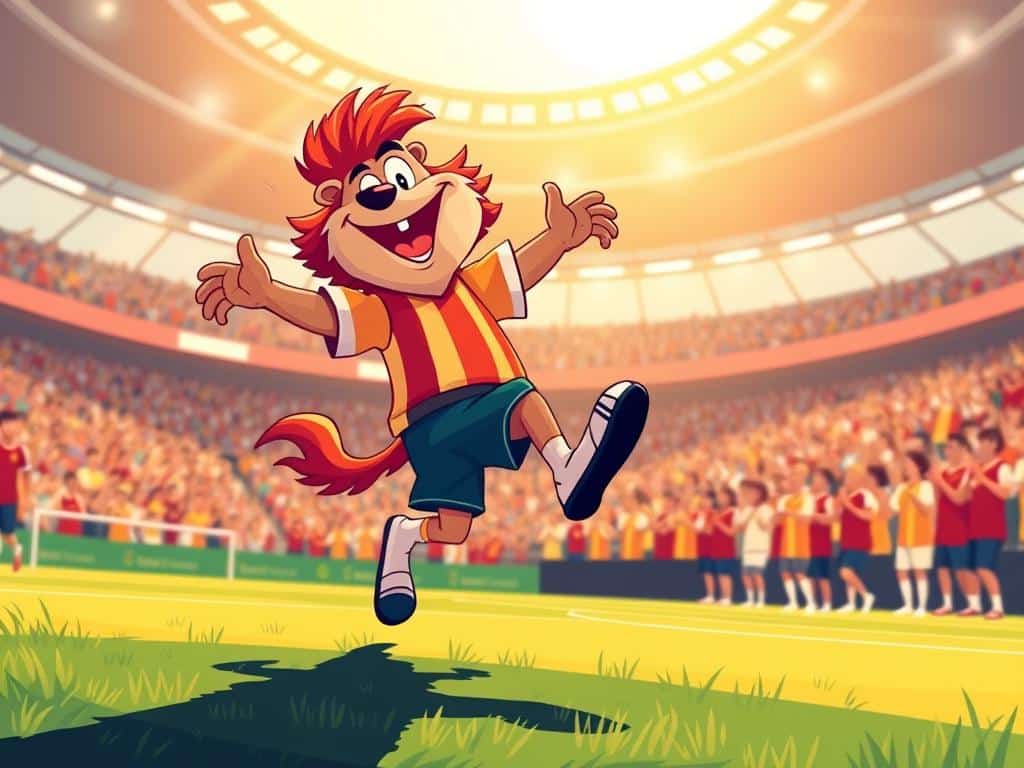 A whimsical, lively European soccer mascot bursts onto the field, its vibrant costume catching the eye. In the foreground, the mascot leaps and twirls, its exaggerated features and comical movements evoking the spirit of the crowd. In the middle ground, the stadium comes alive with cheering fans, their energy palpable. The background is a blur of color and motion, capturing the dynamism of the match. The scene is bathed in warm, golden light, creating a nostalgic, timeless atmosphere. This image celebrates the unique and beloved mascot traditions that have captivated European soccer fans for generations. A whimsical, lively European soccer mascot bursts onto the field, its vibrant costume catching the eye. In the foreground, the mascot leaps and twirls, its exaggerated features and comical movements evoking the spirit of the crowd. In the middle ground, the stadium comes alive with cheering fans, their energy palpable. The background is a blur of color and motion, capturing the dynamism of the match. The scene is bathed in warm, golden light, creating a nostalgic, timeless atmosphere. This image celebrates the unique and beloved mascot traditions that have captivated European soccer fans for generations.