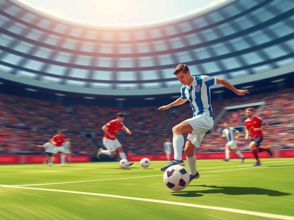 An action-packed soccer match in high definition, the ball careening across the pitch in a blur of motion. Crisp, dynamic camera angles capture the tension and flow of the game, with players in sharp focus weaving through the frame. Vibrant, saturated colors and dramatic lighting evoke the intensity of the moment. The composition is balanced, with the field of play taking up the majority of the frame, and the stands in the background adding depth and context. The camera is positioned slightly above the action, providing a bird's-eye view that conveys a sense of control and mastery over the game's ebb and flow.
