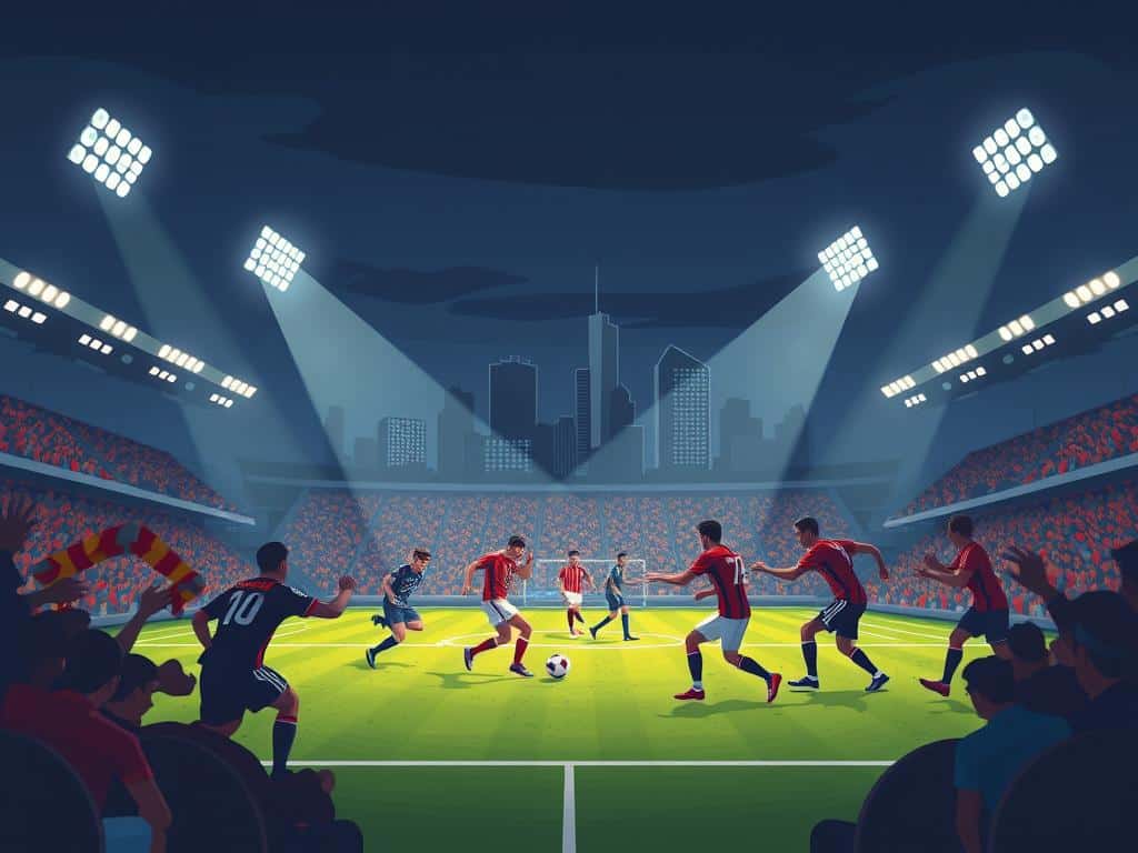 An atmospheric night match in a modern city stadium, floodlights casting dramatic shadows across the pitch. In the foreground, players in opposing team jerseys engage in a tense, high-intensity duel, their movements blurred to convey the speed and physicality of the game. The middle ground shows the packed stands, fans passionately cheering and waving scarves, creating a palpable sense of tribal allegiance and hometown pride. In the background, the city skyline rises, its familiar silhouettes acting as a symbolic backdrop, the "uncanny" mirror reflecting the heated rivalry playing out on the field below.