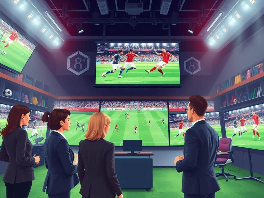 A bustling sports broadcasting studio filled with high-tech equipment and large screens displaying vibrant soccer matches. In the foreground, a diverse group of four professionals in smart business attire, including a woman with short hair and a man with glasses, are actively discussing and analyzing game footage. The middle ground features large LED screens showcasing dynamic highlights, with soccer players in mid-action, exuding energy and enthusiasm. The background includes shelves filled with soccer memorabilia and soundproof panels. Strong, dramatic lighting creates an electric atmosphere, emphasizing the excitement of live sports broadcasting. The angle is slightly overhead, capturing the motion and intensity of the scene, evoking a sense of connection between fans, teams, and media.