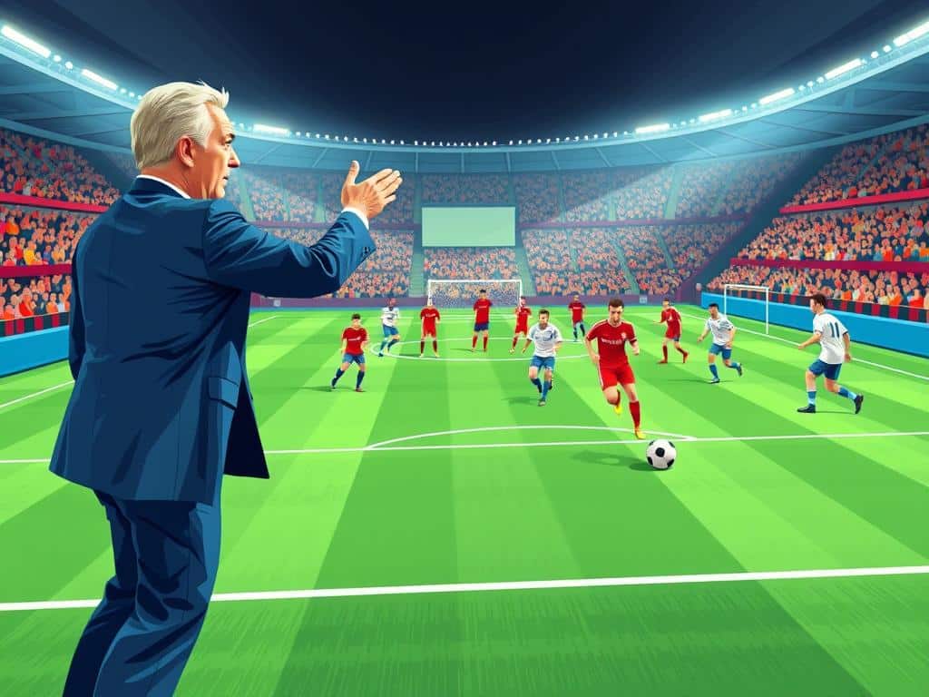 A dynamic football pitch scene featuring Viktor Maslov, a legendary soccer manager, passionately directing his team in a high-stakes match. In the foreground, Maslov is depicted in professional business attire, gesturing animatedly as he instructs players in a classic 4-4-2 formation, with vivid motion blurs capturing the intensity of the game's flow. The middle ground shows players engaging in a pressing strategy, moving with urgency and determination, their soccer kits vibrant against the green pitch. In the background, a cheering crowd creates an electric atmosphere, with stadium lights casting a dramatic glow, enhancing the feeling of excitement. The scene conveys energy, strategy, and innovation, reflecting Maslov's significant impact on soccer tactics.