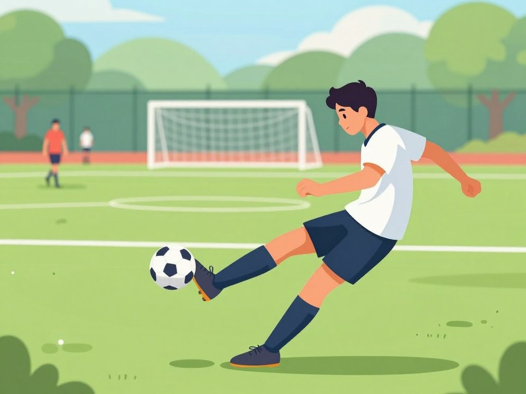 A dynamic scene capturing the essence of body mechanics and foot placement in sports. In the foreground, a soccer player in professional athletic gear demonstrates a precise chip shot. The player is mid-kick, showcasing proper foot placement and body posture, emphasizing balance and technique. The middle ground features a well-maintained soccer field, marked with lines and goalposts, while spectators can be lightly seen in the blurred background, adding to the atmosphere of a lively game. Soft, natural lighting illuminates the scene, creating highlights on the player’s form, with a slight lens blur to enhance motion. The overall mood is energetic and focused, encapsulating the determination and skill involved in mastering the chip shot technique.