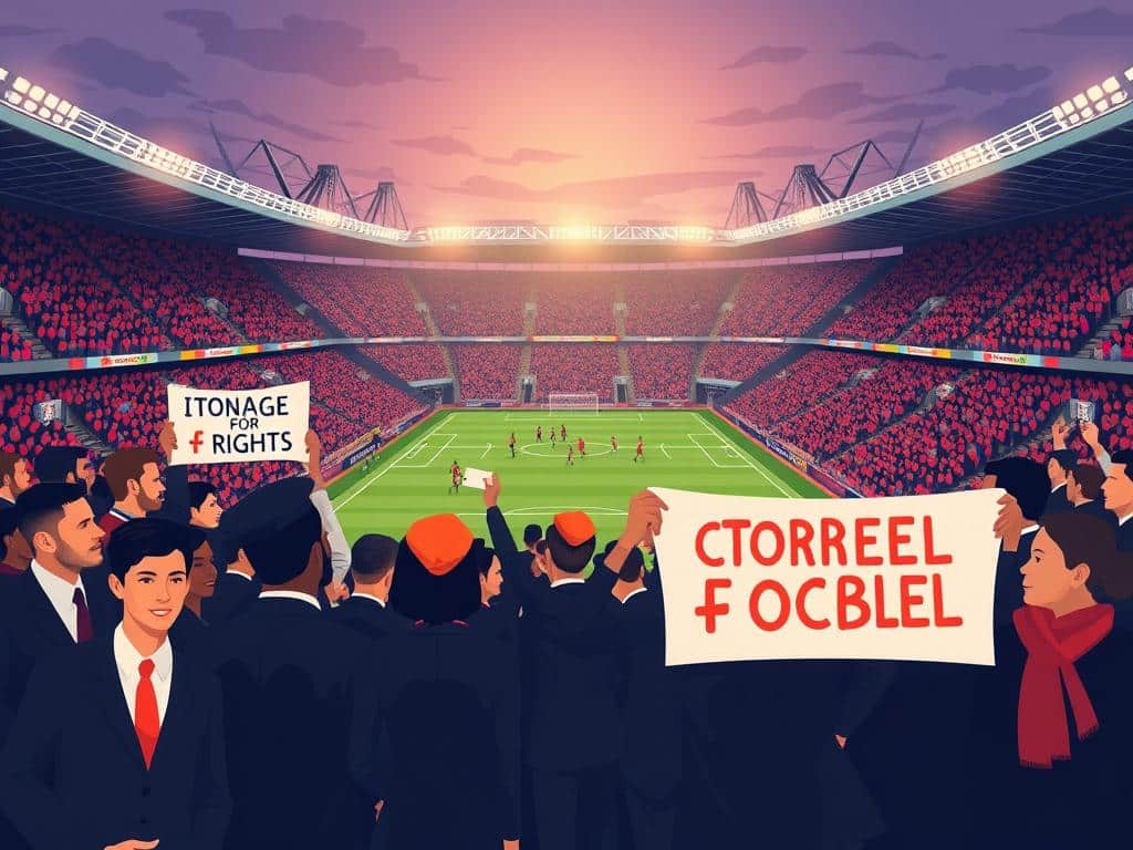 A dynamic scene depicting a soccer stadium filled with diverse supporters from around the world, all dressed in professional business attire. In the foreground, a group of individuals, including men and women of various ethnicities, holds banners symbolizing unity and human rights, their expressions reflecting determination and passion. In the middle ground, players in action on the field, showcasing a lively game, while referees and officials discuss play, emphasizing the theme of scrutiny in sports. The background includes towering stadium lights casting a warm glow over the scene, creating an atmosphere of excitement and urgency. The sky is dusky, hinting at twilight, enhancing the drama. Capture the motion and energy throughout, with a wide-angle view to encompass the breadth of the event and its implications. A dynamic scene depicting a soccer stadium filled with diverse supporters from around the world, all dressed in professional business attire. In the foreground, a group of individuals, including men and women of various ethnicities, holds banners symbolizing unity and human rights, their expressions reflecting determination and passion. In the middle ground, players in action on the field, showcasing a lively game, while referees and officials discuss play, emphasizing the theme of scrutiny in sports. The background includes towering stadium lights casting a warm glow over the scene, creating an atmosphere of excitement and urgency. The sky is dusky, hinting at twilight, enhancing the drama. Capture the motion and energy throughout, with a wide-angle view to encompass the breadth of the event and its implications.