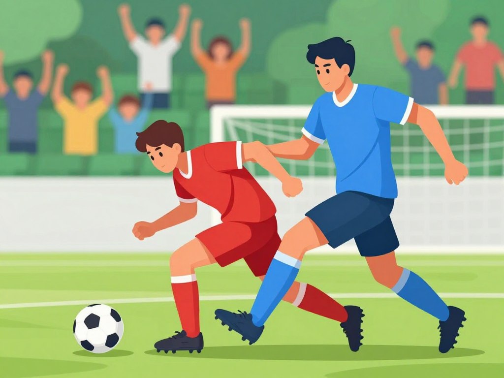 A dynamic scene portraying an intense moment in soccer, focusing on two players demonstrating defensive body positioning while shielding the ball. In the foreground, a player in a red jersey is seen from the side, bending their knees slightly and using their body to protect the ball from a challenge. The opposing player in a blue jersey bursts forward to attempt a tackle, fully engaged in action. In the middle ground, a blurred soccer field stretches out, emphasizing motion and energy. The background features vibrant green stands filled with excited fans cheering, creating an electric atmosphere. The natural sunlight bathes the scene in a warm glow, accentuating the players' athleticism and determination, captured from a slightly low angle to enhance the intensity.