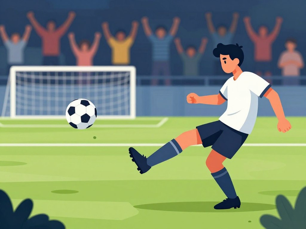 A dynamic scene showcasing the inside and outside foot curl techniques of a soccer player. In the foreground, depict a player wearing a modest athletic outfit, poised to strike the ball with their foot applying a curling motion. In the middle ground, illustrate a soccer ball mid-flight, showing the curve it's taking through the air. The background features a well-maintained soccer field with goalposts and a cheering crowd blurred to indicate motion and excitement. Use dramatic, natural lighting that creates vibrant contrasts and highlights the athleticism and technique involved. Capture the energy and intensity of the moment, emphasizing the action and skill without showing facial close-ups.