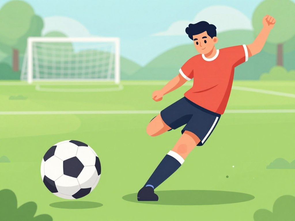 A dynamic soccer player in the midst of taking an impressive free kick, capturing the perfect curling motion of the ball. The player is dressed in a professional sports uniform with vivid colors, showcasing a focused expression and athletic posture. In the foreground, the soccer ball is spinning off the player’s foot, demonstrating the ideal technique for curling the ball. The middle ground features a lush green soccer field, with goalposts in the background slightly blurred to emphasize the motion. Soft, natural lighting bathes the scene, casting gentle shadows that enhance the energy of the action. The angle is slightly low, looking up at the player to convey intensity, while the overall atmosphere is filled with excitement and anticipation.