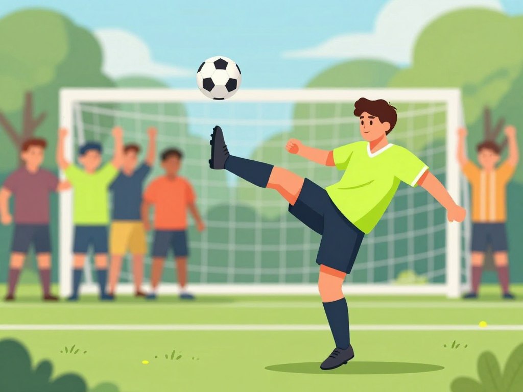 A dynamic soccer scene capturing a player executing a perfect volley kick. In the foreground, a skilled athlete in a bright jersey and shorts is mid-air, focused and poised, with one foot striking the ball and the other raised for balance. The middle ground features a grassy field with a goalpost slightly blurred, suggesting depth and action. In the background, teammates support and spectators cheer, adding to the atmosphere of excitement and energy. The image is illuminated by soft, natural sunlight, enhancing the vibrant colors of the field and players’ uniforms, while a shallow depth of field emphasizes the athlete's motion, evoking determination and skill in mastering soccer volleying techniques.