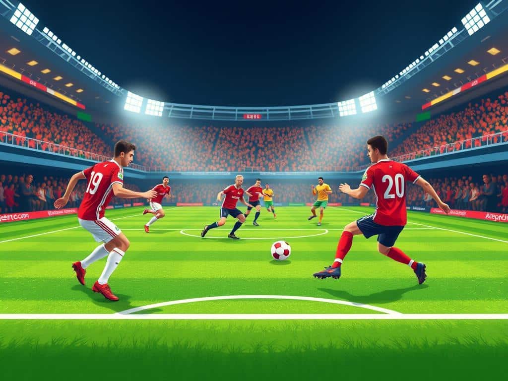 A dynamic soccer scene capturing the essence of the 4-4-2 formation, showcasing a vibrant midfield balance. In the foreground, two teams of players engage in spirited action, wearing professional kits in contrasting colors, positioned strategically around a central area of a lush green pitch. The players are in varied stances: one is executing a precise pass, while another is ready to intercept, demonstrating teamwork and strategy. The middle ground features a blurred background of spectators cheering in excitement, conveying the electric atmosphere of a match. Bright stadium lights illuminate the field, casting dramatic shadows and highlighting the players' focused expressions. The scene is captured with a wide-angle lens, creating a sense of depth and movement, evoking energy and intensity in this pivotal moment of soccer gameplay. A dynamic soccer scene capturing the essence of the 4-4-2 formation, showcasing a vibrant midfield balance. In the foreground, two teams of players engage in spirited action, wearing professional kits in contrasting colors, positioned strategically around a central area of a lush green pitch. The players are in varied stances: one is executing a precise pass, while another is ready to intercept, demonstrating teamwork and strategy. The middle ground features a blurred background of spectators cheering in excitement, conveying the electric atmosphere of a match. Bright stadium lights illuminate the field, casting dramatic shadows and highlighting the players' focused expressions. The scene is captured with a wide-angle lens, creating a sense of depth and movement, evoking energy and intensity in this pivotal moment of soccer gameplay.